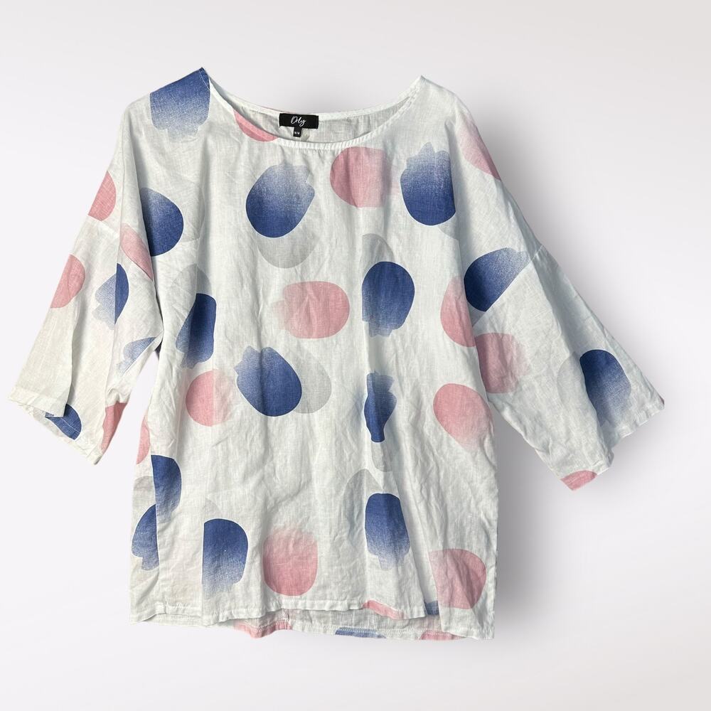 Orly White Pink Blue Lagenlook 3/4 Sleeve Linen Top Blouse‎ Size M